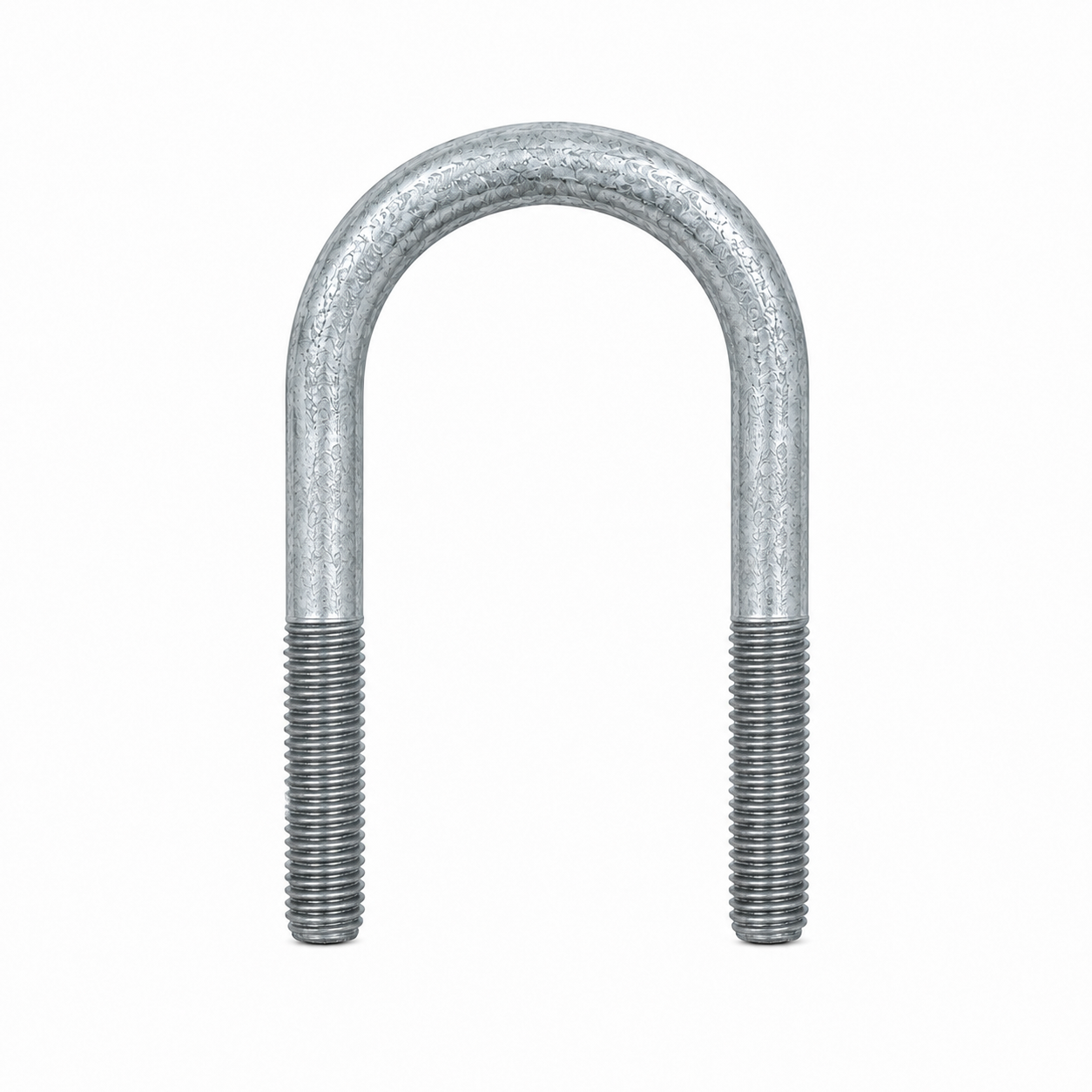 Abrazadera en U industrial de acero galvanizado con cotas: separación interna, altura, diámetro de varilla y longitud roscada